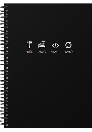 Notebook for Developers - Eat Sleep Code Repeat - Siyah - Kısmi Lak'lı Sert Mukavva Kapak - 100 Yaprak - Kareli - Spiralli Defter