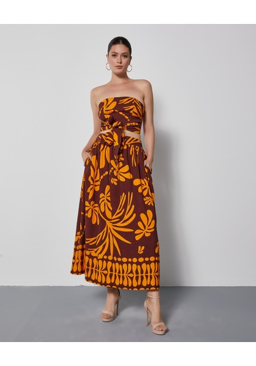 Kadın Straplez Desenli Takım Bağlamalı Büstiyer Ve Bol Kesim Pantolon Etek Kahve