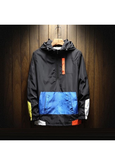 İlkbahar Sonbahar Patchwork Sokak Ceketler Erkekler Kapşonlu Rahat Arrı Baskı Rüzgarlık Ceket Erkek Hip Hop Ceket Homme Siyah