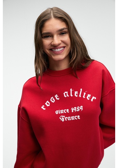 Grımelange Morevessa Kadın Regular Fit Baskı Detaylı Yuvarlak Yakalı Kırmızı Sweatshirt Kırmızı