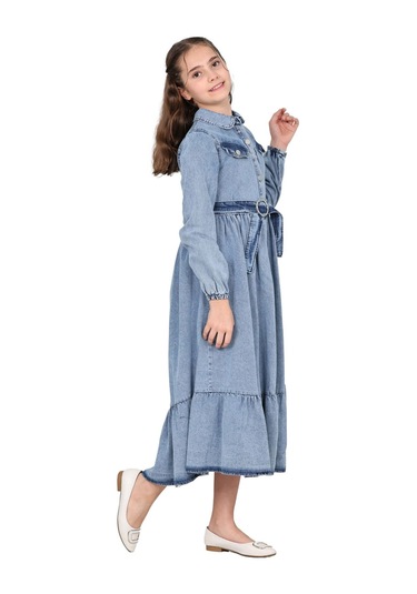 Kız Çocuk Kot Elbise Denim Kumaş Pamuklu Uzun Kot Jean Elbise Buz Mavi