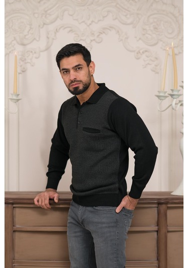 Woolen World Polo Yaka Cepli Armürlü Yünlü Erkek Triko Kazak Siyah