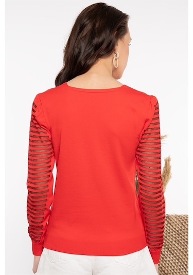 Kadın V Yaka Kolu Dantel Detaylı Kırmızı Bluz-Kırmızı