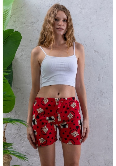 Giysa Kadın Beli Lastikli Desenli Şort Pijama Altı Kırmızı - 2027 Kırmızı