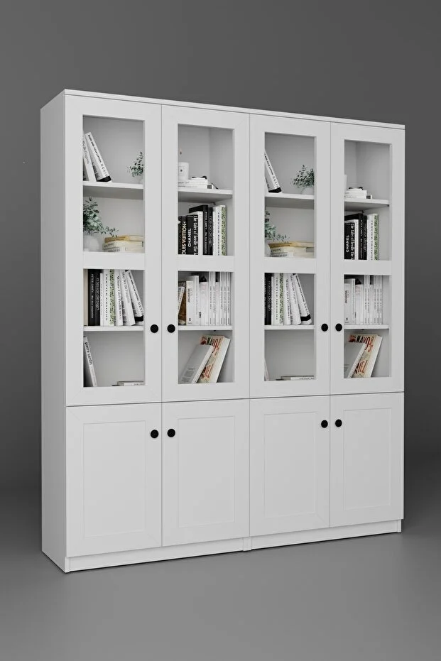 Lisa 8 Kapaklı Beyaz Vitrin Seti - Kitaplık Ve Çok Amaçlı Dolap Beyaz