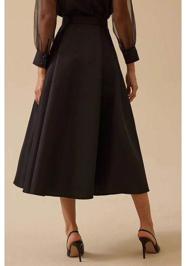 Seçil Kadın Tafta Kumaş Yüksek Bel Şık Kloş Etek 8001 Siyah Siyah