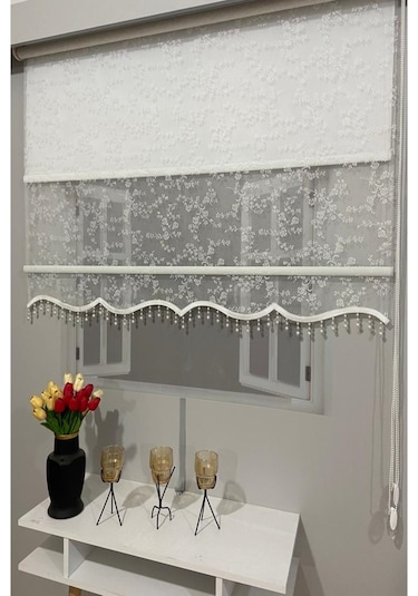 İncilifehome İcl4003b Çift Mekanizmalı Dal Desenli Tül Ve Stor Perde Kırık Beyaz Boncuklu Kırık Beyaz