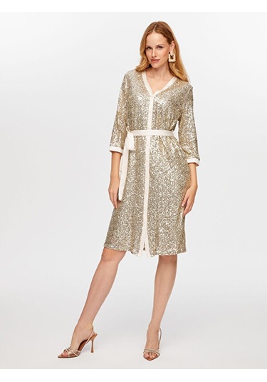 Payet İşli V Yaka 3/4 Kol Abiye Gömlek Elbise W26aby009 Uw26aby00934 Bej