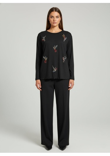 Taş Desenli Uzun Kollu Bambu Viskon Kumaş Bluz Siyah 3