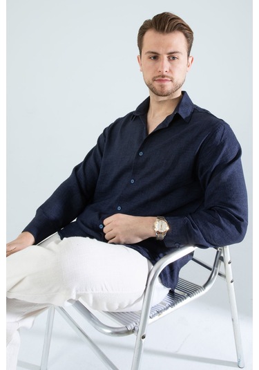 Rahat Kesim Keten Dokulu Gömlek Lacivert