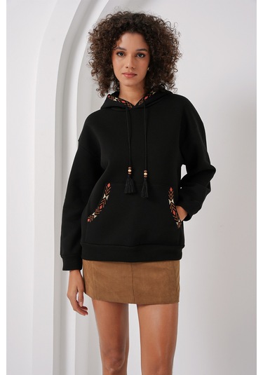 Bigdart 55443 Nakışlı Oversize Sweatshirt - Siyah