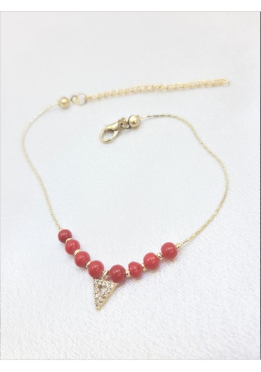 GOLD KAPLAMA KIRMIZI BONCUK ÜÇGEN FİGÜR HALHAL Çok Renkli