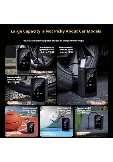 Padalink Kablosuz Araç Hava Pompa 140 Psı 3900mah Pil İle Dijital Manometre, Araba-motosiklet-bisiklet İçin Siyah, Hızlı Şarj Ve Akıllı Kontrol