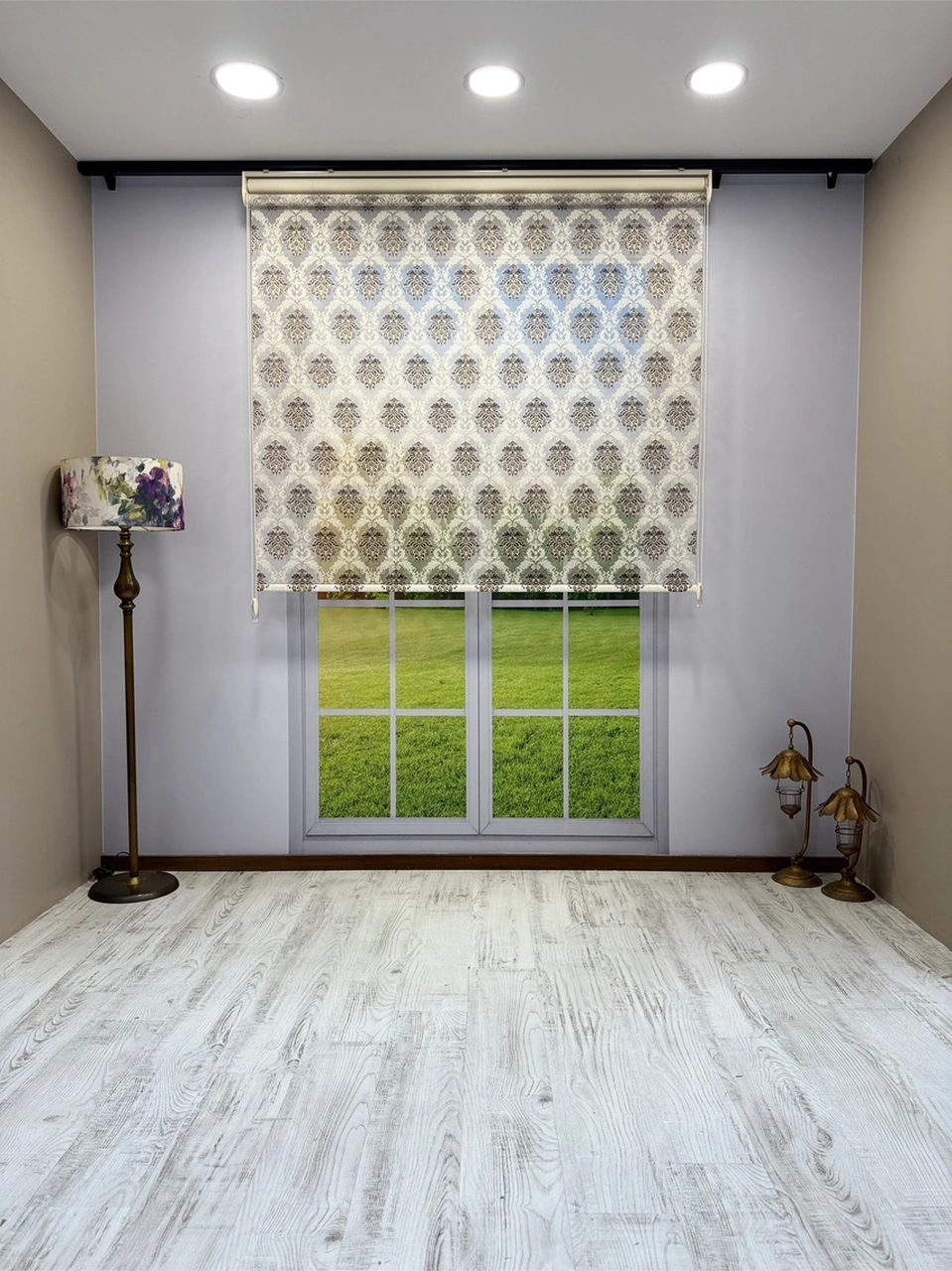 Kahverengi Damask Desenli Çift Mekanizmalı Tül Ve Stor Perde - Simli Kumaş, Simli Stor Perde Kahverengi