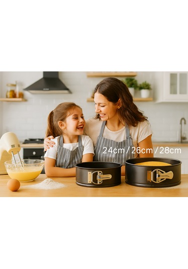 3 Lü Metal Kelepçeli Kek Kalıbı Seti 24-26-28 Cm Yapışmaz Çıkartılabilir Tabanlı Sİyah