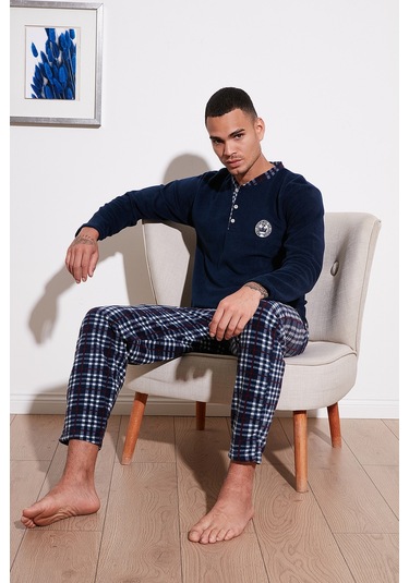 Buratti Ekoseli Regular Fit Düğmeli Bisiklet Yaka Kışlık Polar Erkek Pijama Takımı 60961002 Lacivert