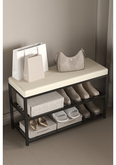 Aju Ayakkabılık Puflu Süngerli Oturaklı Metal Ayakkabı Rafı Modern Vestiyer Baklavalı Metal Tasarım Benc Krem