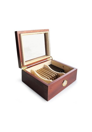 Mezmob Masif Yerli Sedir Ağacı Humidor Puro Kutusu Camlı 2 Bölmeli