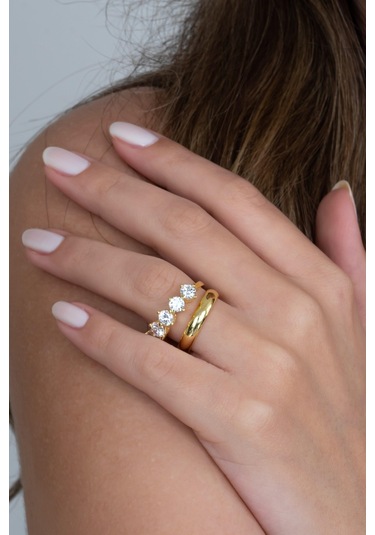 Takı Dükkanı Gold Renk 4mm Gümüş Alyans Ve Hafif Gümüş Beştaş Yüzük Seti Wsr124