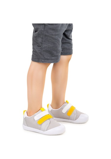 Kiko Kids Textile Cırtlı Erkek Bebek Spor Ayakkabı Gri - Sarı