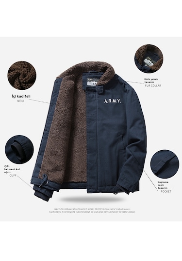Kalın Kürk Yakalı Ve Polar Bomber Ceketli Erkek Kışlık Kısa Kaban Haki