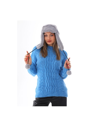 Kadın Gri Kürklü Kulaklıklı Peluş Şapka Gri