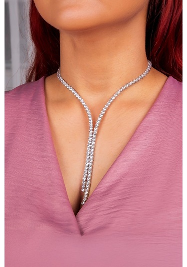 925 Ayar Gümüş Rodyumlu Full Zirkon Taşlı Çift Sıra Su Yolu Bayan Kolye