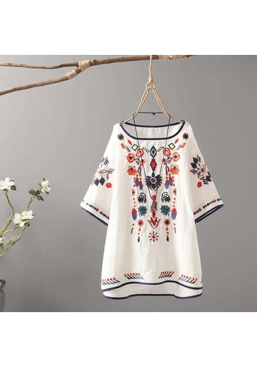 Lüks Nakış Çiçek Tees Kadın Çin Tarzı Klasik Gevşek Gömlek Casual Vintage O Boyun Kısa Kollu Yaz Bluz Tops Sari