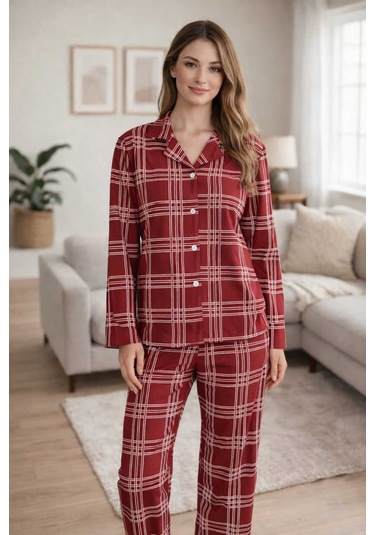 Tenra Kadın Pijama Takımı Licralı Boydan Düğme Bordo
