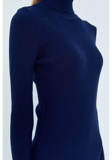 6889 Kadın Balıkçı Yırtmaçlı Uzun Triko Elbise Lacivert Lacivert