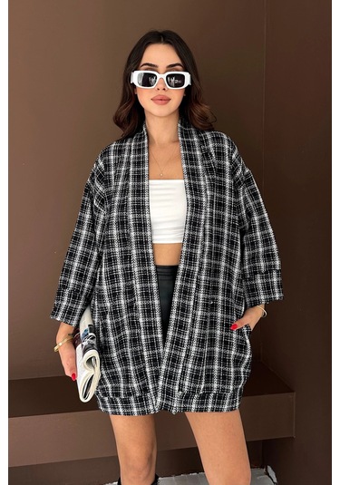 Kare Desenli Kimono Siyah Siyah
