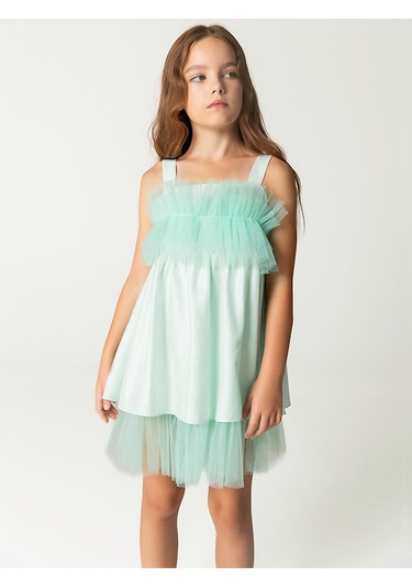 Sheshe Fırfır Göğüs Detaylı Askılı Kız Çocuk Elbise Renkli