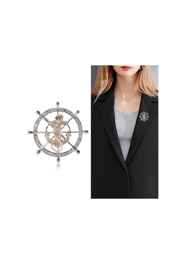 Blucome Yaratıcı Donanma Rüzgar Tam Matkap Dümen Dümen Çapa Broş Erkek Zarif Takım Elbise Yaka Pin Moda Giyim Pin Altın