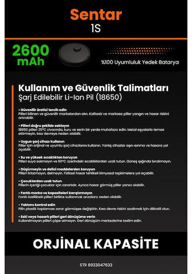 Sentar Mop 1s Uyumlu Robot Süpürge Bataryası 2600mah