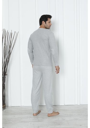 Falkom 5006 İnterlok Kalın Kışlık Çizgili Erkek Ev Pijama Takımı Gri
