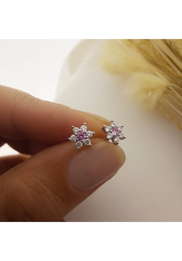 925 Ayar Gümüş Pembe Taşlı Minimal Lotus Küpe Gümüş