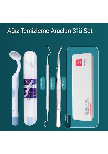 Diş Taşı Sökücü Ağız Bakım Aracı Endoskopik Tıbbi Prob Temizleme Diş Lekeleri Tartar Led Çift Işık Kaynağı Şarj Aynası Işık Yayan Ağız 3 Parça Seti