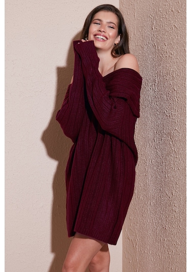 Lela Oversize Fit Kayık Yaka Uzun Kollu Mini Triko Bayan Elbise 4615218 Bordo