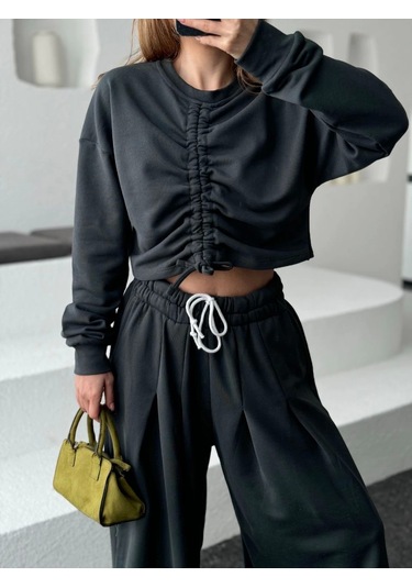 Uzun Kollu Önü İp Büzgülü Crop Ve Pantolon İkili Takım - Antrasit Çok Renkli