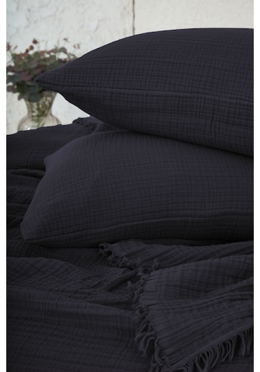 %100 Pamuk Çift Kişilik Müslin Yatak Örtüsü 4 Katlı Yumuşak Battaniye Müslin Pike Takımı 3 Parça Siyah Siyah