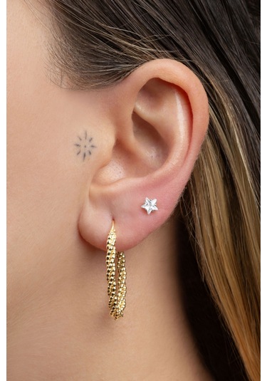 Yıldız Taşlı 18 Ayar Beyaz Altın Kaplama Gümüş Tek Taş Küpe