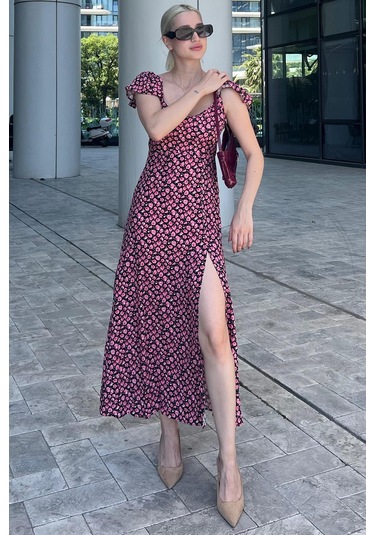 Madmext Siyah Desenli Yırtmaçlı Uzun Elbise Mg2004-siyah Siyah