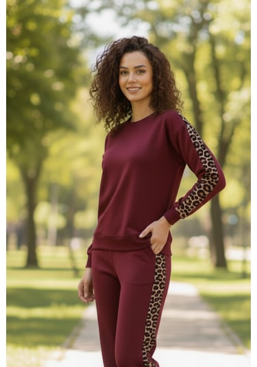 Trend Alisse Bisiklet Yaka Leopar Garnili Esnek Cepli Modal Takım Bordo