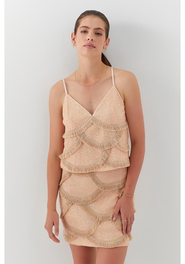 Askılı Payetli Etek Takım Kavun İçi Açık Turuncu