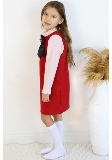 Kız Çocuk Kırmızıı Vanessa Broş Detaylı Tüvit Uzun Kollu Yılbaşı Elbisesi