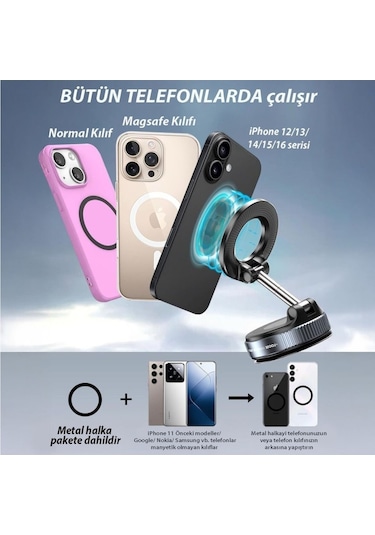 Manyetik Magsafe İle Uyumlu 360 Dönen Ayarlanabilir Araç İçi Telefon Tutucu Vakumlu Katlanabilir K007