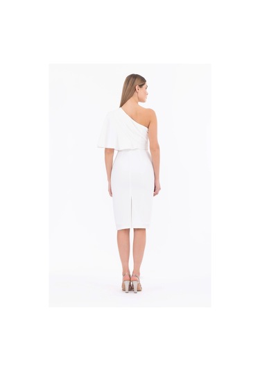 Kadın Asimetrik Kesim Pelerin Kol Tek Omuz Abiye Elbise - Ekru Ekru