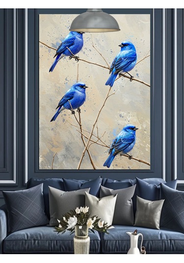 Mavi Tüylü Uçan Üç Kuş Dekoratif Kanvas - Mdf Ahşap Tablo