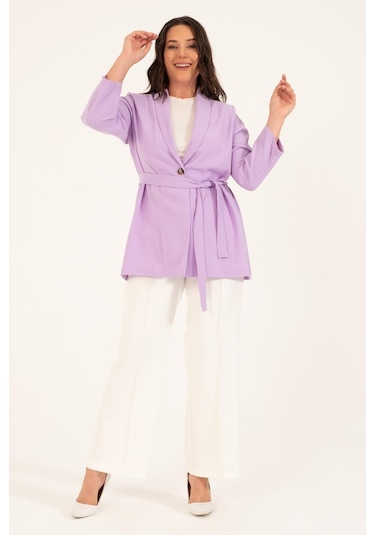 Kuşak Detaylı Salaş Ceket-1749-lila Lila