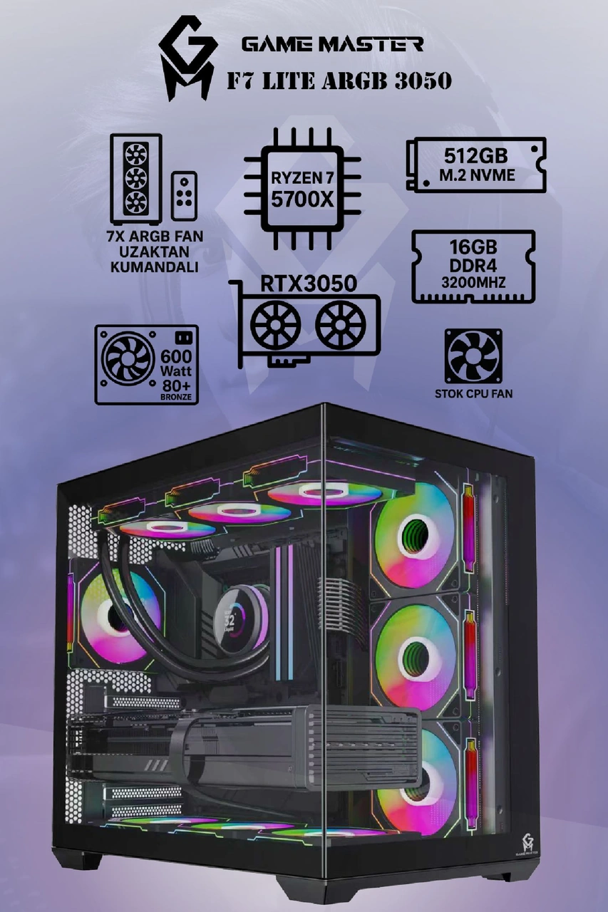 Game Master F7 Lite RTX3050 R7-5700X 16 GB 512 GB RTX 3050 Dos Masaüstü Oyuncu Bilgisayarı